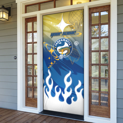 Personalized Parramatta Eels Door Cover Y2K Grunge Aesthetic With Cyber Flames and Starburst Graphics