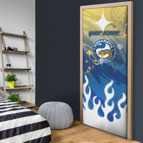Personalized Parramatta Eels Door Cover Y2K Grunge Aesthetic With Cyber Flames and Starburst Graphics