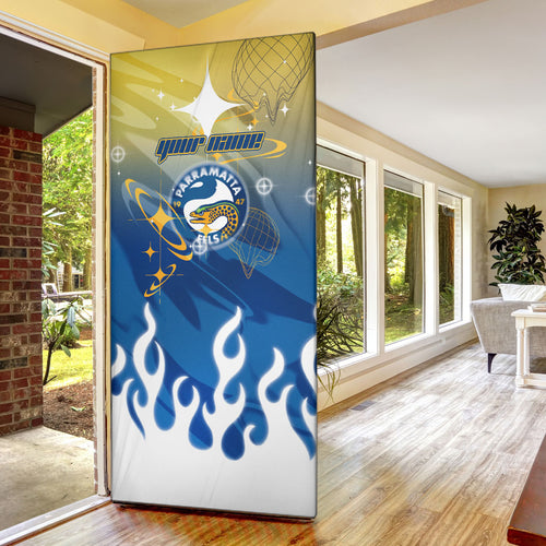 Personalized Parramatta Eels Door Cover Y2K Grunge Aesthetic With Cyber Flames and Starburst Graphics