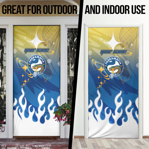 Personalized Parramatta Eels Door Cover Y2K Grunge Aesthetic With Cyber Flames and Starburst Graphics