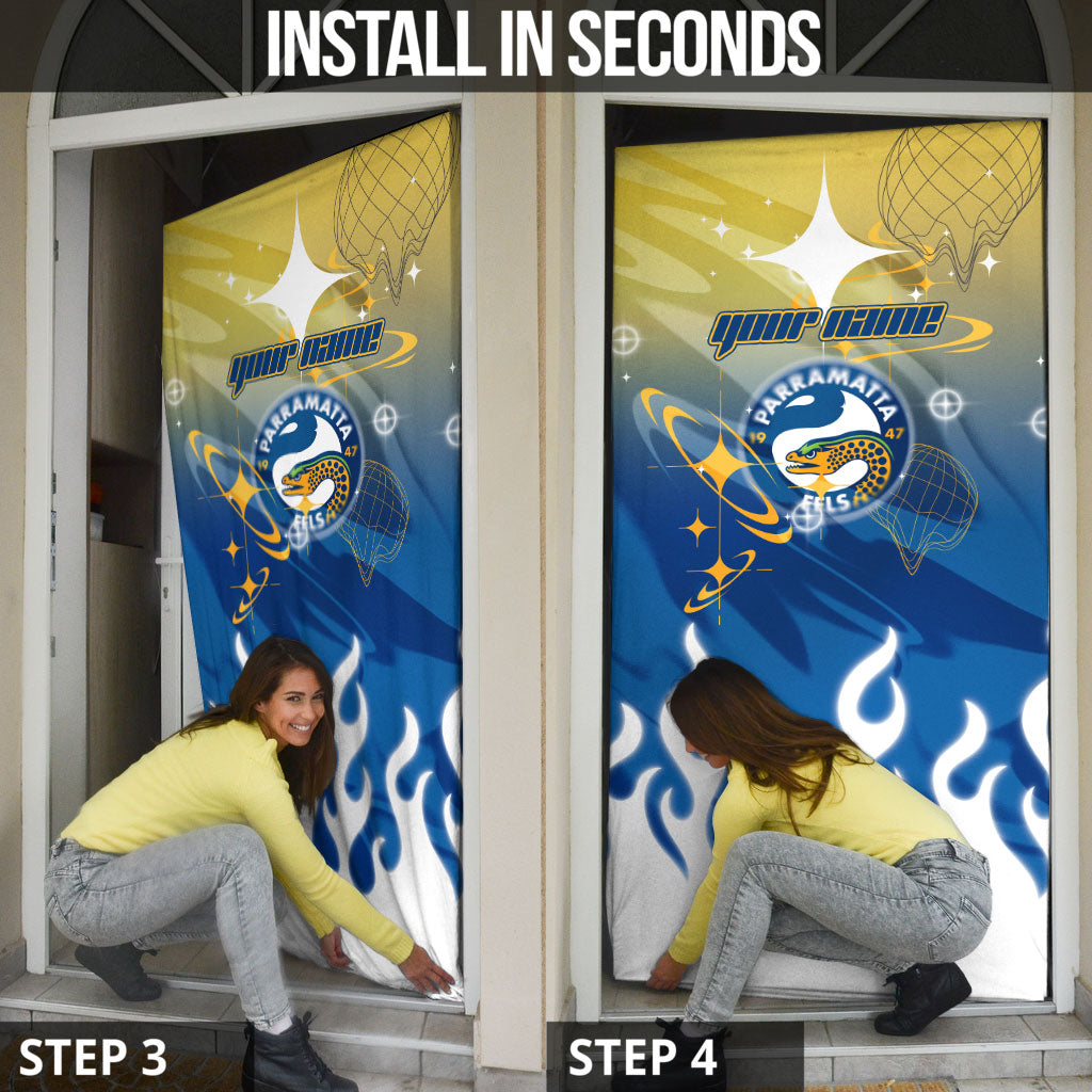 Personalized Parramatta Eels Door Cover Y2K Grunge Aesthetic With Cyber Flames and Starburst Graphics