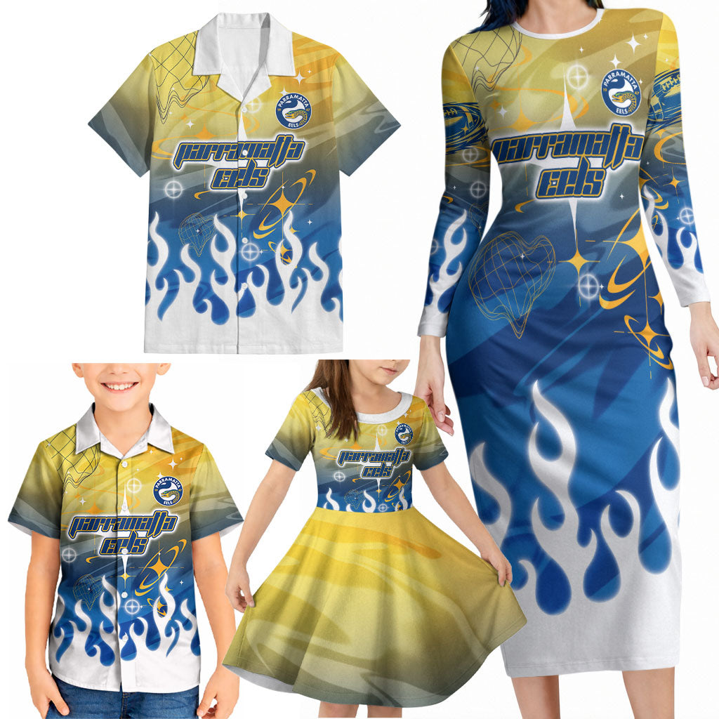 Personalized Parramatta Eels Family Matching Long Sleeve Bodycon Dress and Hawaiian Shirt Y2K Grunge Aesthetic With Cyber Flames and Starburst Graphics