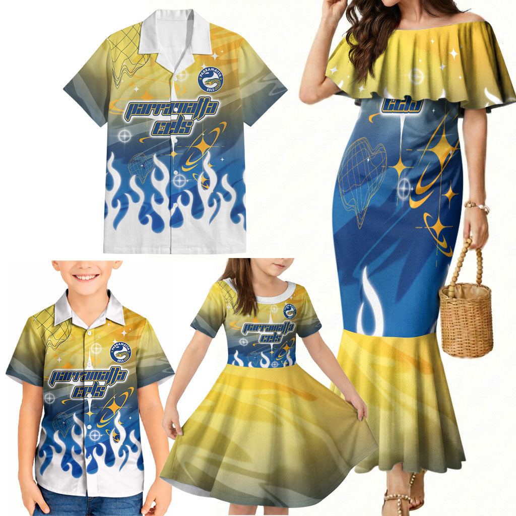 Personalized Parramatta Eels Family Matching Mermaid Dress and Hawaiian Shirt Y2K Grunge Aesthetic With Cyber Flames and Starburst Graphics