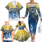 Personalized Parramatta Eels Family Matching Off The Shoulder Long Sleeve Dress and Hawaiian Shirt Y2K Grunge Aesthetic With Cyber Flames and Starburst Graphics