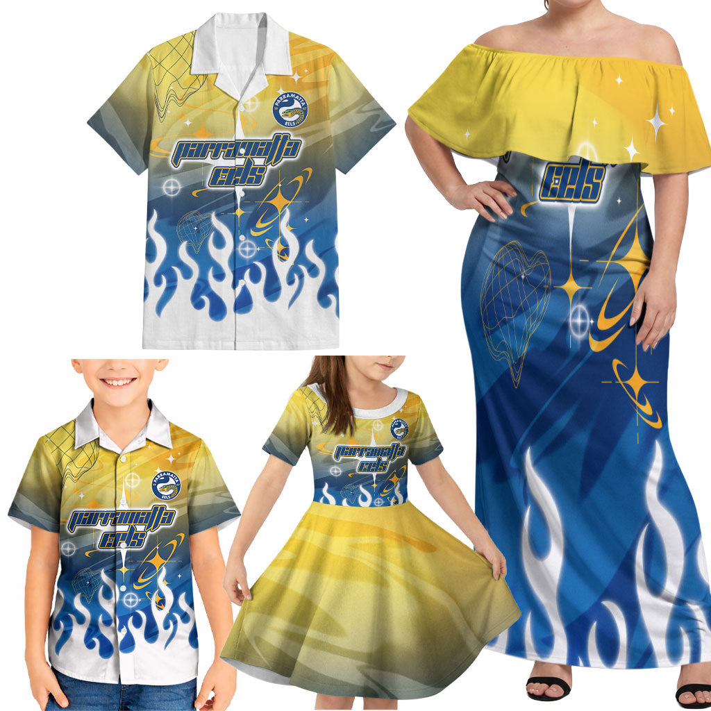 Personalized Parramatta Eels Family Matching Off Shoulder Maxi Dress and Hawaiian Shirt Y2K Grunge Aesthetic With Cyber Flames and Starburst Graphics