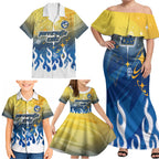 Personalized Parramatta Eels Family Matching Off Shoulder Maxi Dress and Hawaiian Shirt Y2K Grunge Aesthetic With Cyber Flames and Starburst Graphics