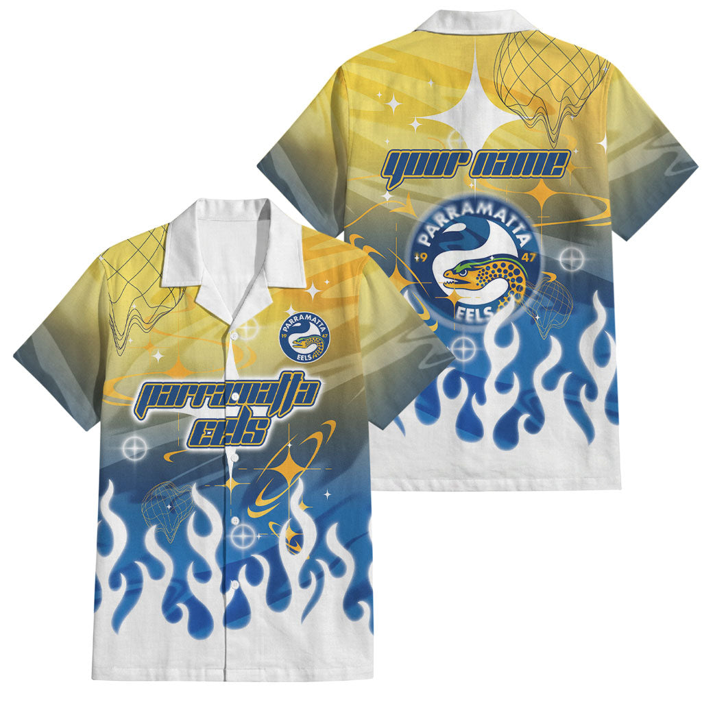 Personalized Parramatta Eels Family Matching Off Shoulder Maxi Dress and Hawaiian Shirt Y2K Grunge Aesthetic With Cyber Flames and Starburst Graphics