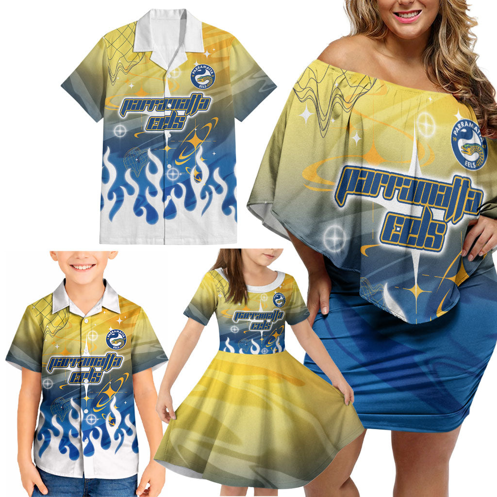 Personalized Parramatta Eels Family Matching Off Shoulder Short Dress and Hawaiian Shirt Y2K Grunge Aesthetic With Cyber Flames and Starburst Graphics