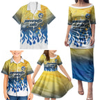 Personalized Parramatta Eels Family Matching Puletasi and Hawaiian Shirt Y2K Grunge Aesthetic With Cyber Flames and Starburst Graphics