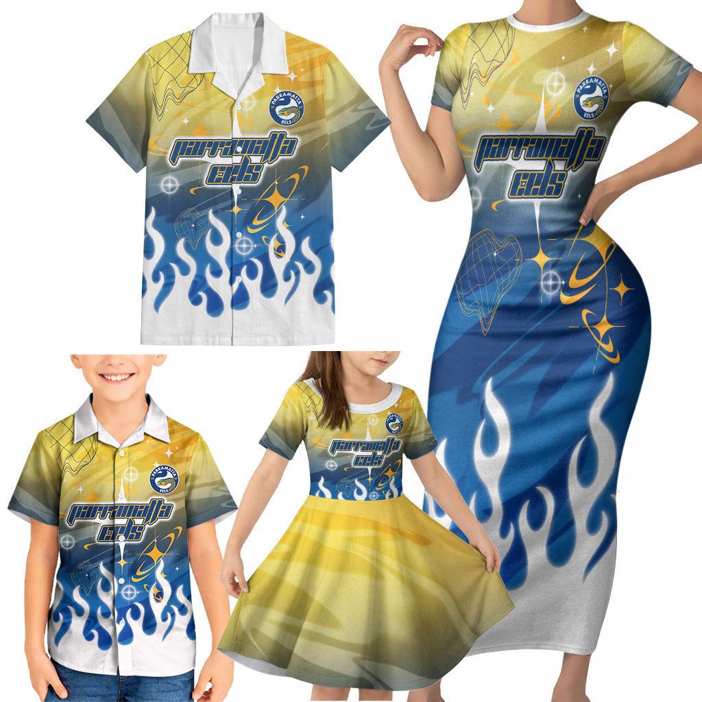 Personalized Parramatta Eels Family Matching Short Sleeve Bodycon Dress and Hawaiian Shirt Y2K Grunge Aesthetic With Cyber Flames and Starburst Graphics