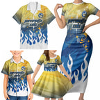 Personalized Parramatta Eels Family Matching Short Sleeve Bodycon Dress and Hawaiian Shirt Y2K Grunge Aesthetic With Cyber Flames and Starburst Graphics