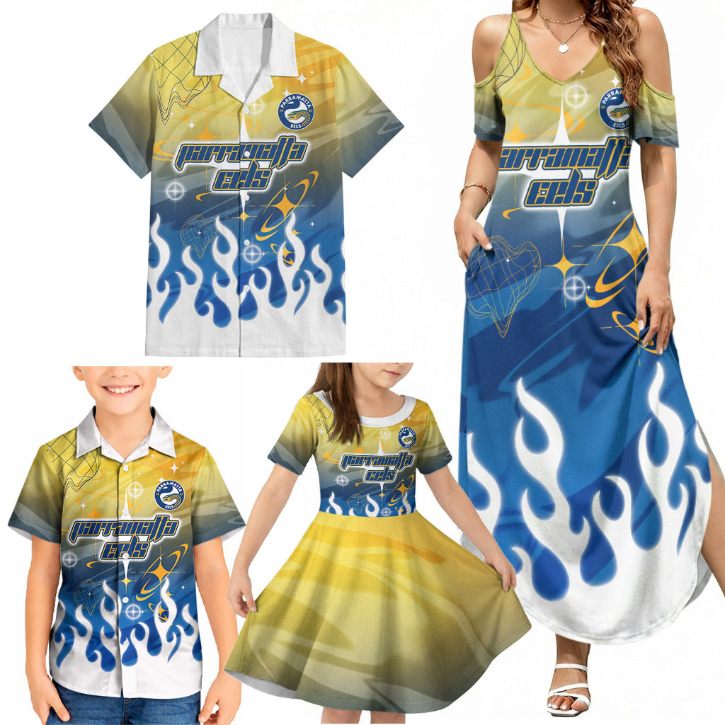 Personalized Parramatta Eels Family Matching Summer Maxi Dress and Hawaiian Shirt Y2K Grunge Aesthetic With Cyber Flames and Starburst Graphics