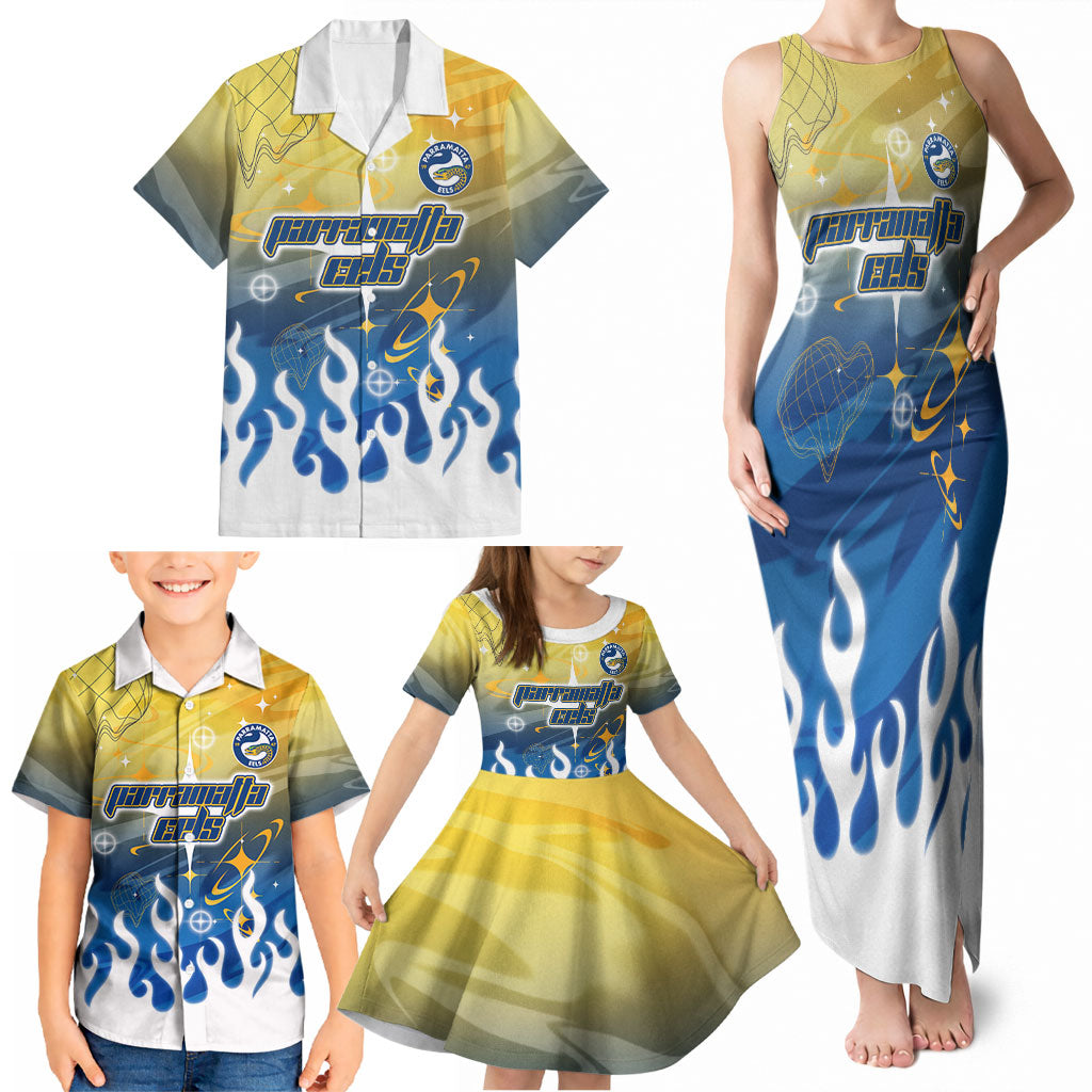 Personalized Parramatta Eels Family Matching Tank Maxi Dress and Hawaiian Shirt Y2K Grunge Aesthetic With Cyber Flames and Starburst Graphics