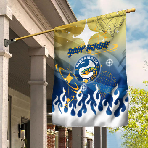 Personalized Parramatta Eels Garden Flag Y2K Grunge Aesthetic With Cyber Flames and Starburst Graphics
