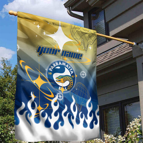 Personalized Parramatta Eels Garden Flag Y2K Grunge Aesthetic With Cyber Flames and Starburst Graphics