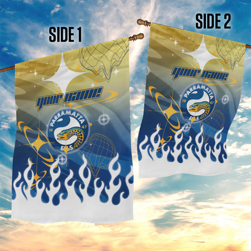 Personalized Parramatta Eels Garden Flag Y2K Grunge Aesthetic With Cyber Flames and Starburst Graphics