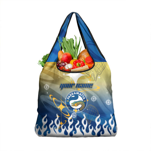 Personalized Parramatta Eels Grocery Bag Y2K Grunge Aesthetic With Cyber Flames and Starburst Graphics