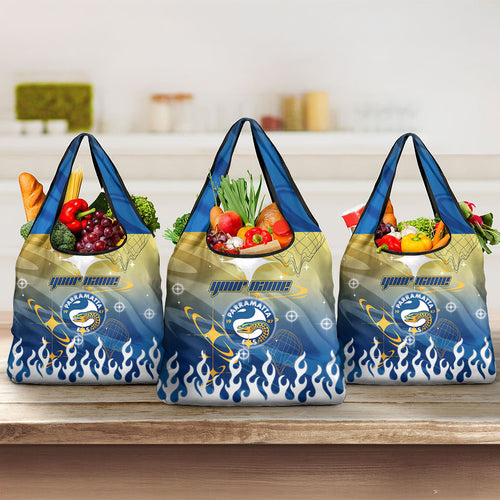 Personalized Parramatta Eels Grocery Bag Y2K Grunge Aesthetic With Cyber Flames and Starburst Graphics
