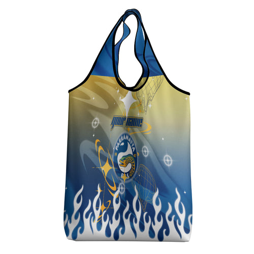 Personalized Parramatta Eels Grocery Bag Y2K Grunge Aesthetic With Cyber Flames and Starburst Graphics