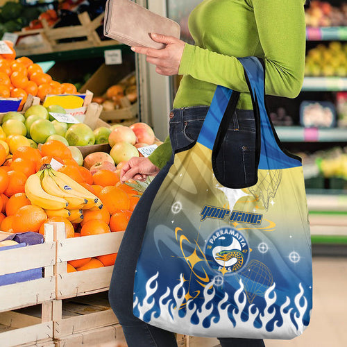 Personalized Parramatta Eels Grocery Bag Y2K Grunge Aesthetic With Cyber Flames and Starburst Graphics