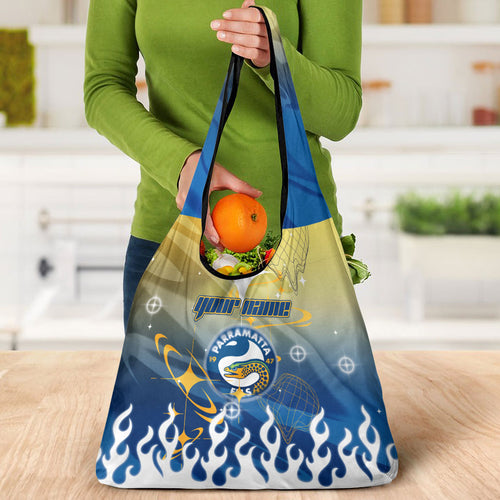 Personalized Parramatta Eels Grocery Bag Y2K Grunge Aesthetic With Cyber Flames and Starburst Graphics