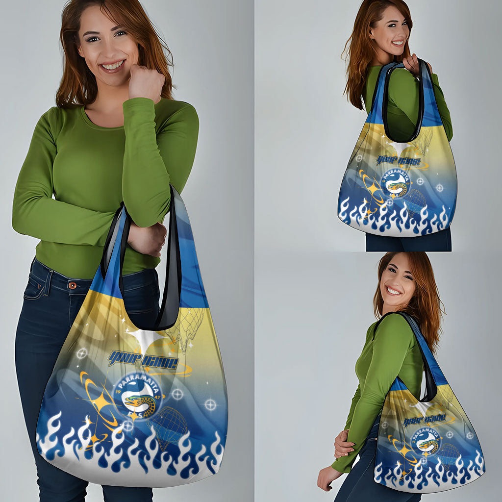 Personalized Parramatta Eels Grocery Bag Y2K Grunge Aesthetic With Cyber Flames and Starburst Graphics
