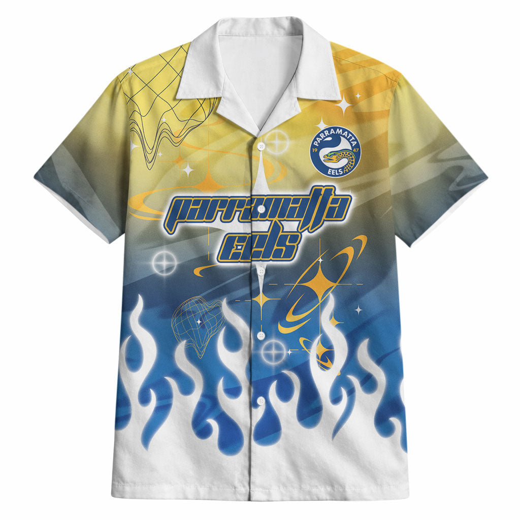 Personalized Parramatta Eels Hawaiian Shirt Y2K Grunge Aesthetic With Cyber Flames and Starburst Graphics