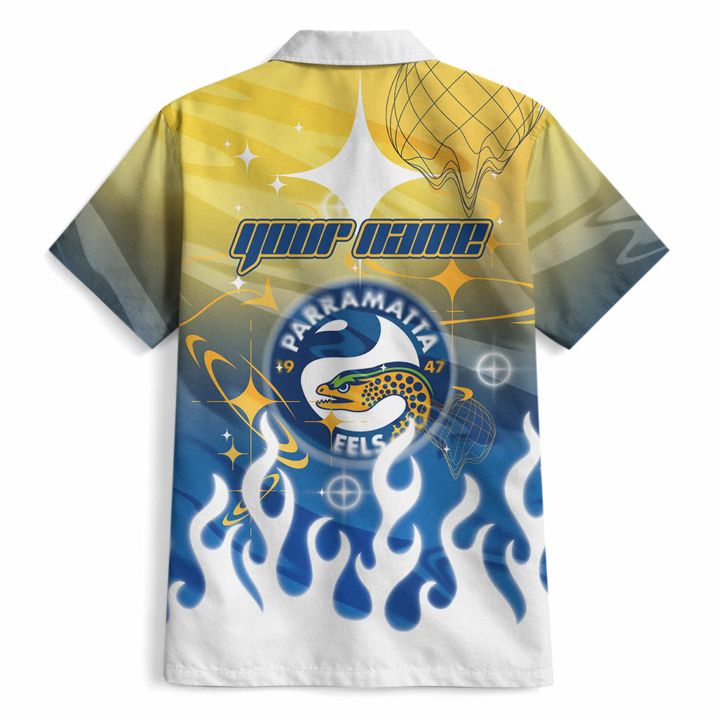 Personalized Parramatta Eels Hawaiian Shirt Y2K Grunge Aesthetic With Cyber Flames and Starburst Graphics