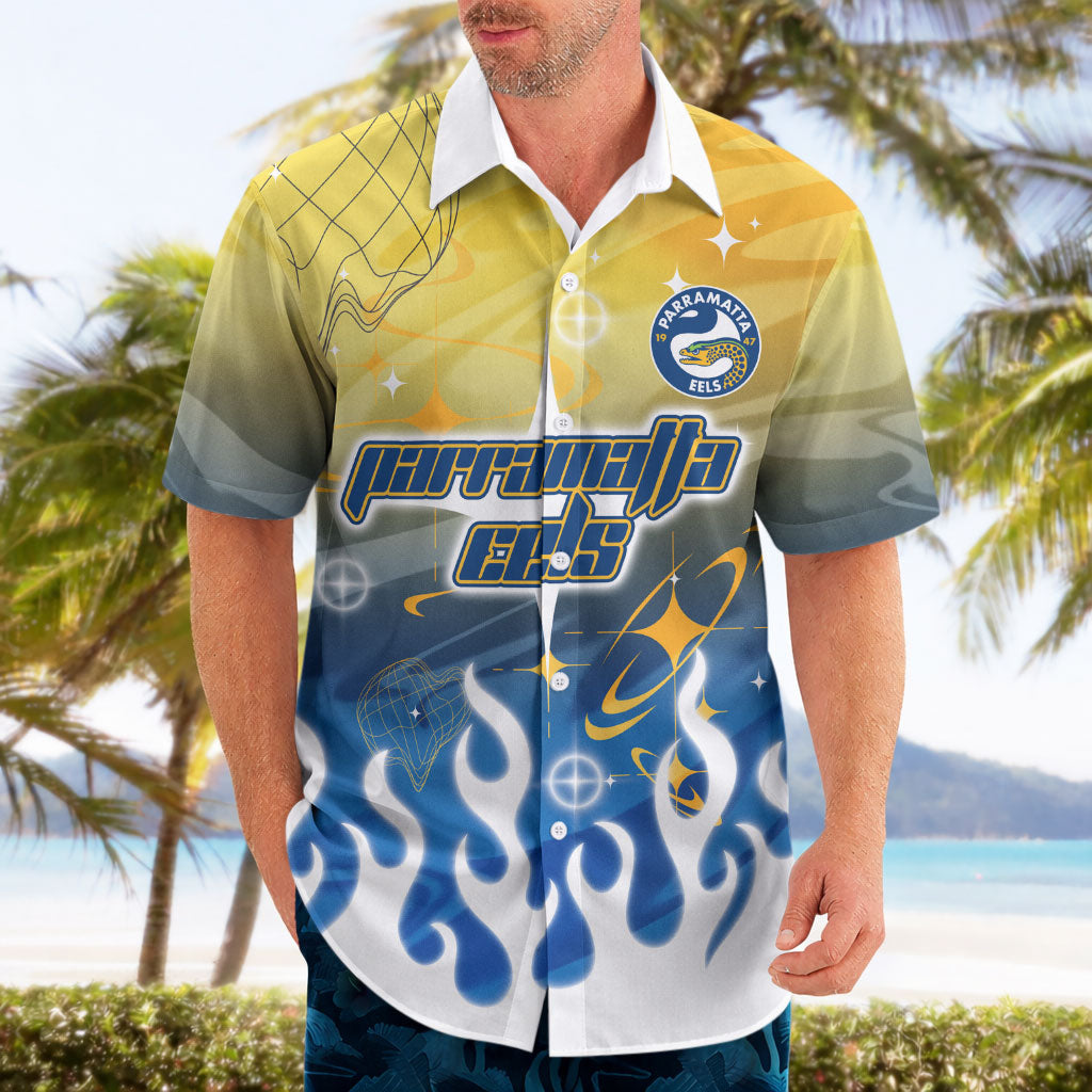 Personalized Parramatta Eels Hawaiian Shirt Y2K Grunge Aesthetic With Cyber Flames and Starburst Graphics