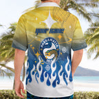 Personalized Parramatta Eels Hawaiian Shirt Y2K Grunge Aesthetic With Cyber Flames and Starburst Graphics
