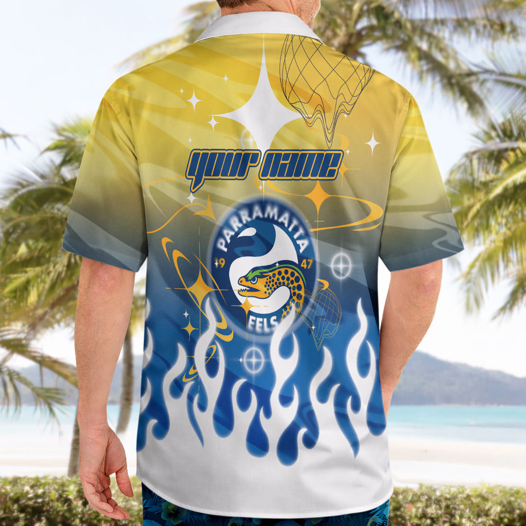 Personalized Parramatta Eels Hawaiian Shirt Y2K Grunge Aesthetic With Cyber Flames and Starburst Graphics
