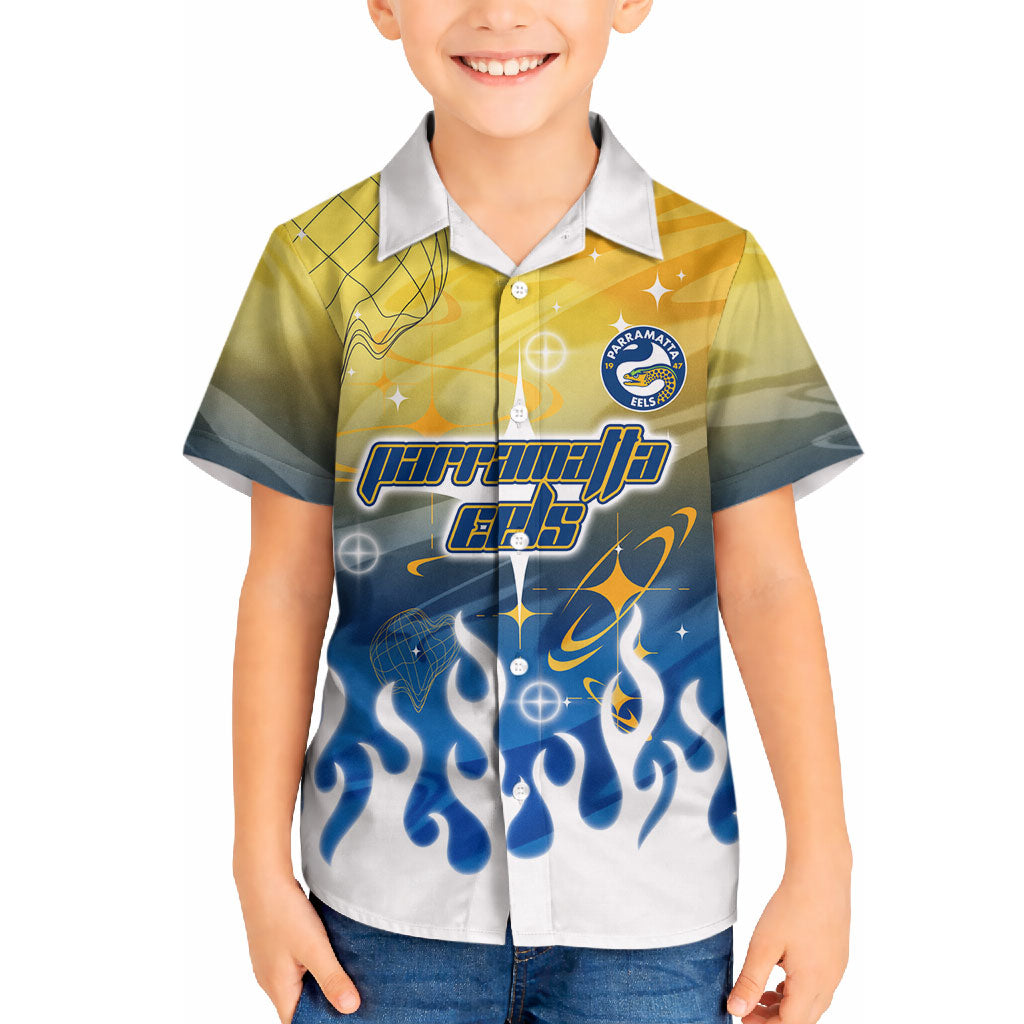 Personalized Parramatta Eels Hawaiian Shirt Y2K Grunge Aesthetic With Cyber Flames and Starburst Graphics