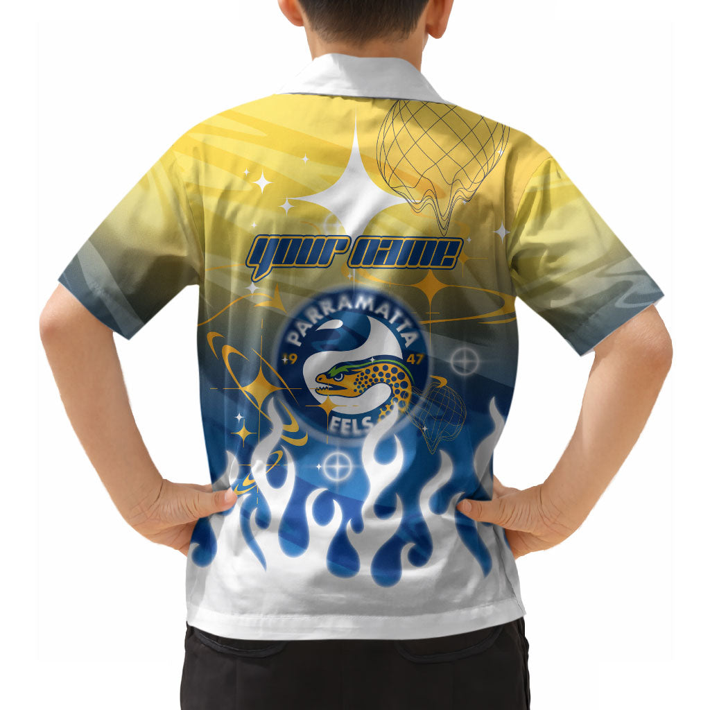Personalized Parramatta Eels Hawaiian Shirt Y2K Grunge Aesthetic With Cyber Flames and Starburst Graphics