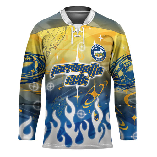 Personalized Parramatta Eels Hockey Jersey Y2K Grunge Aesthetic With Cyber Flames and Starburst Graphics