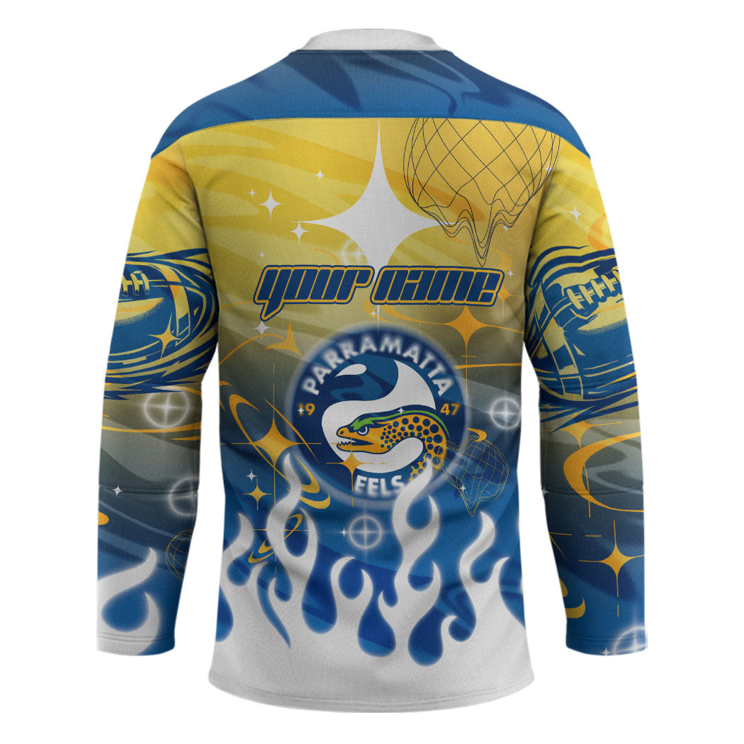 Personalized Parramatta Eels Hockey Jersey Y2K Grunge Aesthetic With Cyber Flames and Starburst Graphics