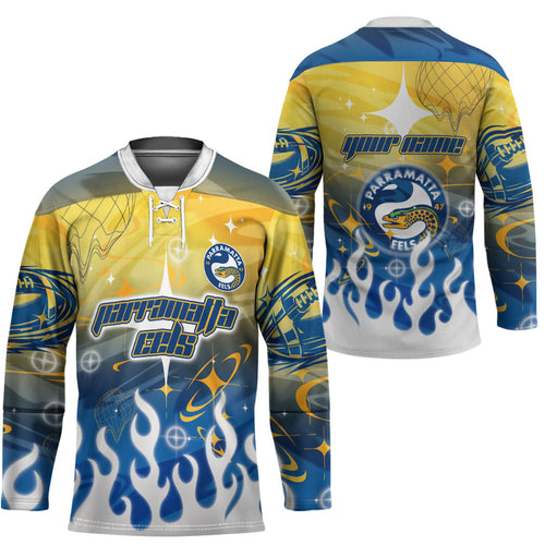 Personalized Parramatta Eels Hockey Jersey Y2K Grunge Aesthetic With Cyber Flames and Starburst Graphics