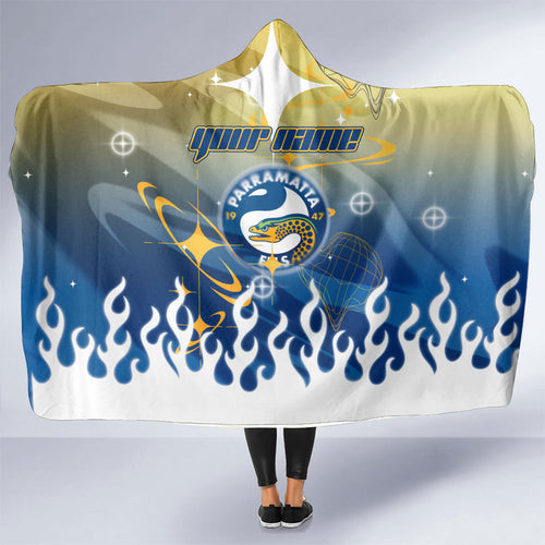 Personalized Parramatta Eels Hooded Blanket Y2K Grunge Aesthetic With Cyber Flames and Starburst Graphics
