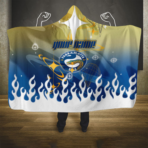 Personalized Parramatta Eels Hooded Blanket Y2K Grunge Aesthetic With Cyber Flames and Starburst Graphics