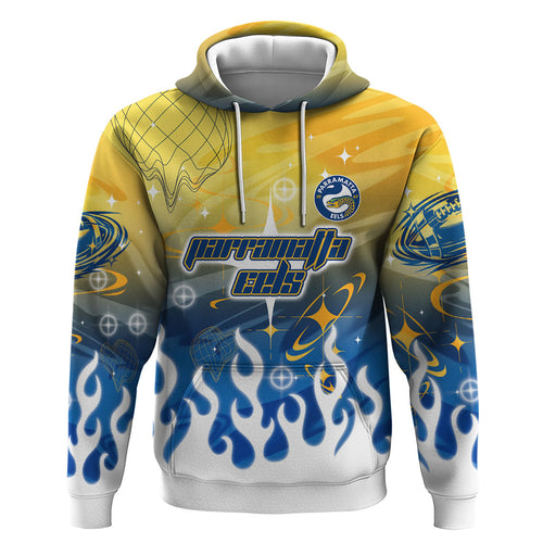 Personalized Parramatta Eels Hoodie Y2K Grunge Aesthetic With Cyber Flames and Starburst Graphics