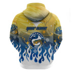 Personalized Parramatta Eels Hoodie Y2K Grunge Aesthetic With Cyber Flames and Starburst Graphics