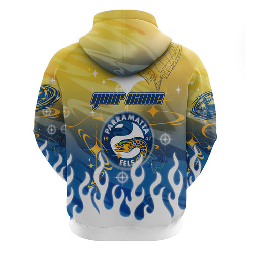 Personalized Parramatta Eels Hoodie Y2K Grunge Aesthetic With Cyber Flames and Starburst Graphics