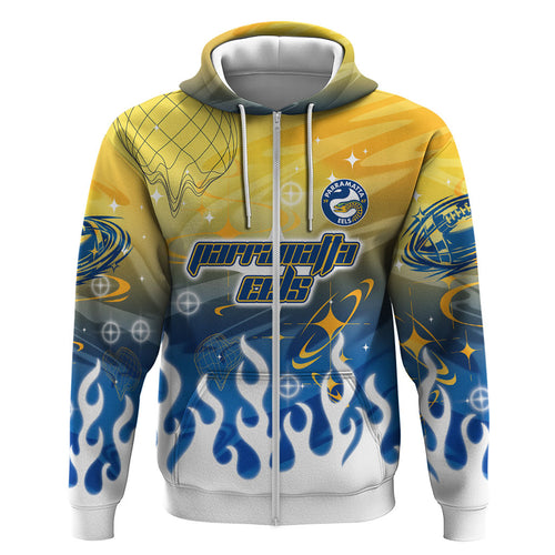 Personalized Parramatta Eels Hoodie Y2K Grunge Aesthetic With Cyber Flames and Starburst Graphics