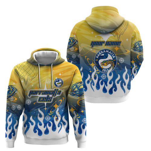 Personalized Parramatta Eels Hoodie Y2K Grunge Aesthetic With Cyber Flames and Starburst Graphics