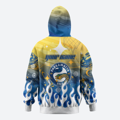 Personalized Parramatta Eels Hoodie Y2K Grunge Aesthetic With Cyber Flames and Starburst Graphics