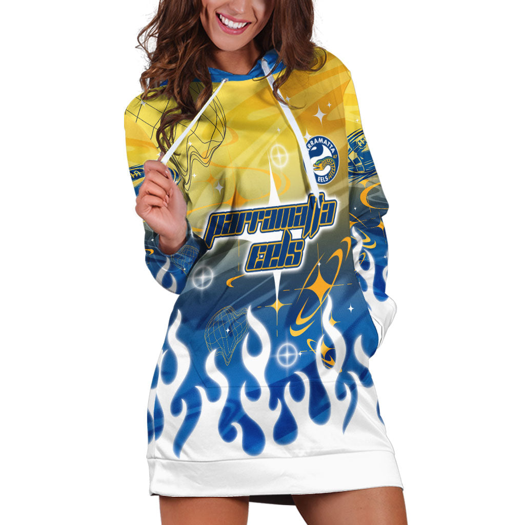 Personalized Parramatta Eels Hoodie Dress Y2K Grunge Aesthetic With Cyber Flames and Starburst Graphics
