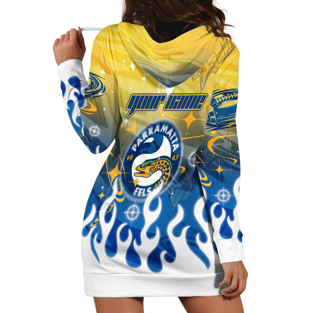 Personalized Parramatta Eels Hoodie Dress Y2K Grunge Aesthetic With Cyber Flames and Starburst Graphics