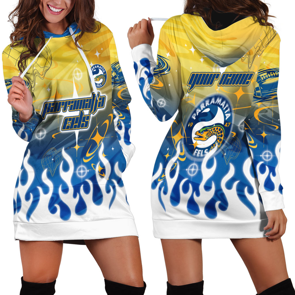 Personalized Parramatta Eels Hoodie Dress Y2K Grunge Aesthetic With Cyber Flames and Starburst Graphics