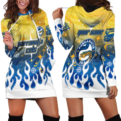 Personalized Parramatta Eels Hoodie Dress Y2K Grunge Aesthetic With Cyber Flames and Starburst Graphics