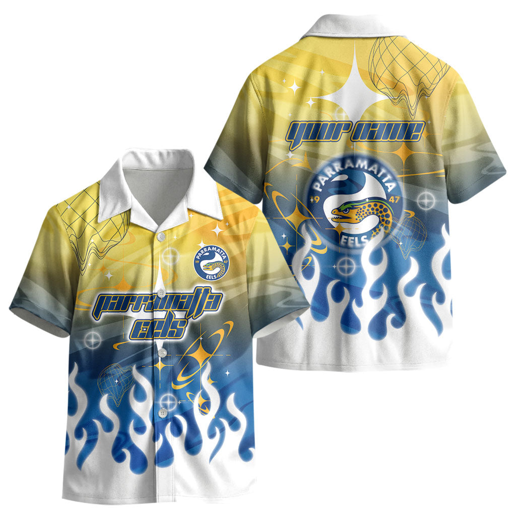 Personalized Parramatta Eels Kid Hawaiian Shirt Y2K Grunge Aesthetic With Cyber Flames and Starburst Graphics