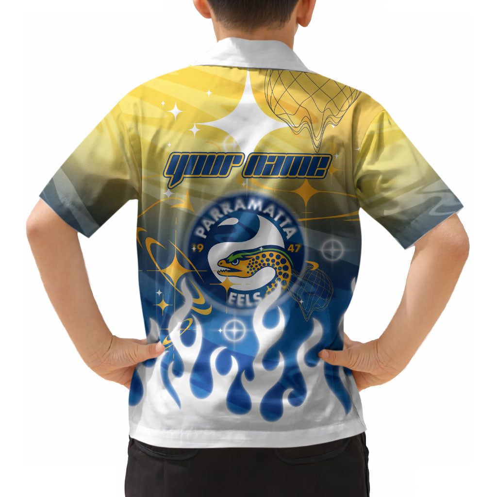 Personalized Parramatta Eels Kid Hawaiian Shirt Y2K Grunge Aesthetic With Cyber Flames and Starburst Graphics